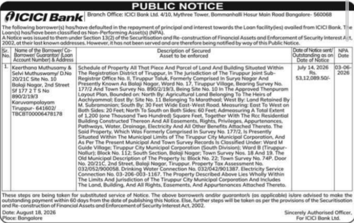 Public Notice for Loan Default Foreclosure by ICICI Bank