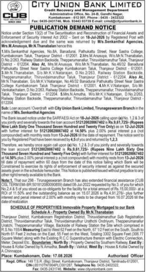Publication Demand Notice for Immovable Property by City Union Bank