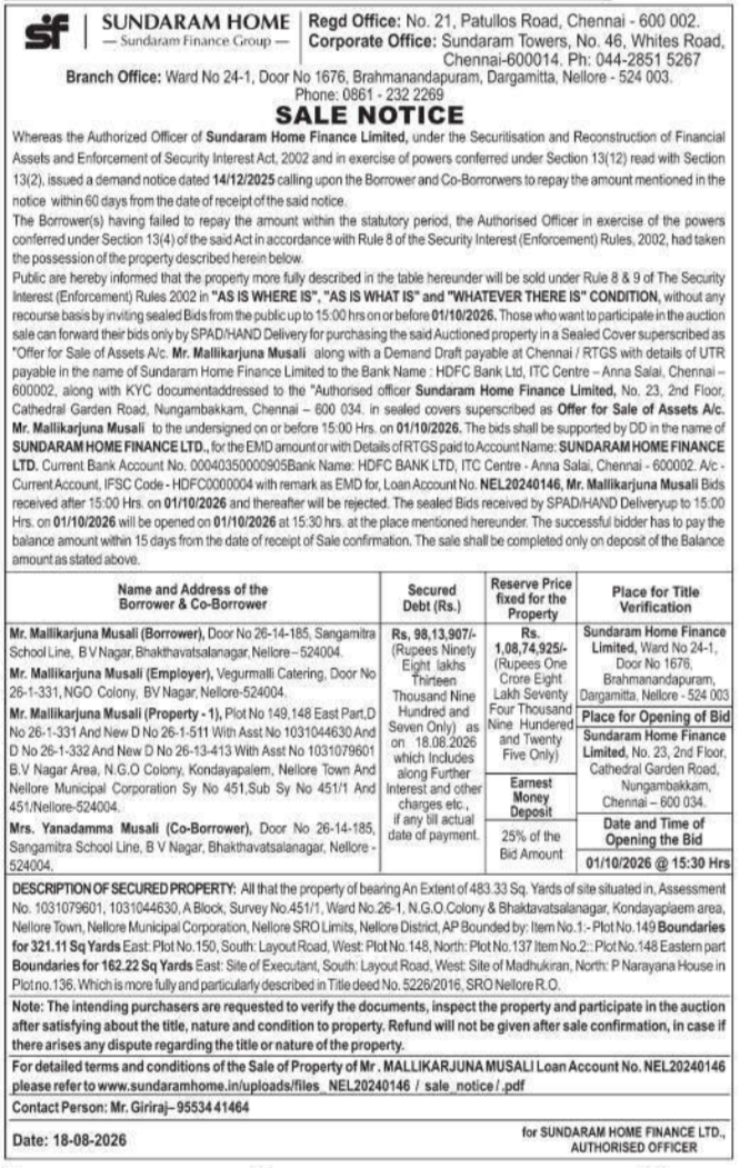 Sale Notice for E-Auction of Immovable Property by Sundaram Home Finance Limited