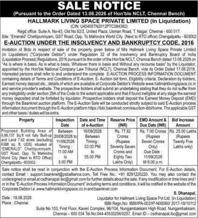 Sale Notice for Immovable Property by Hallmark Living Space Private Limited