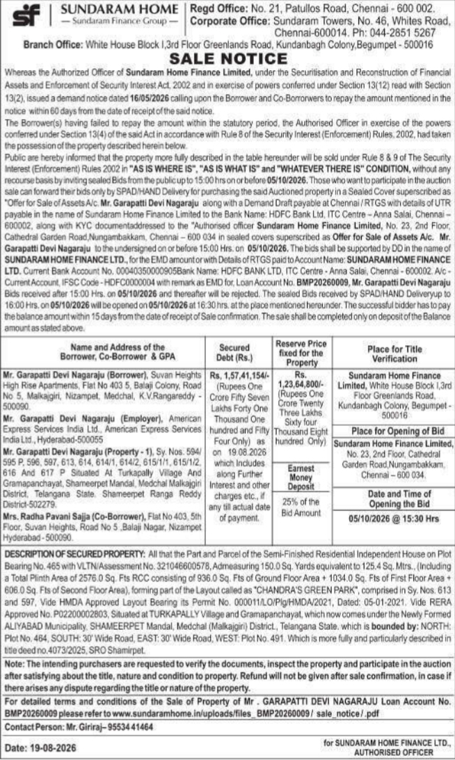 Sale Notice for Immovable Property by Sundaram Home Finance Limited