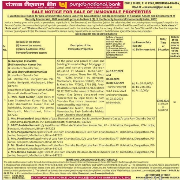 Sale Notice for Sale of Immovable Properties by Punjab National Bank