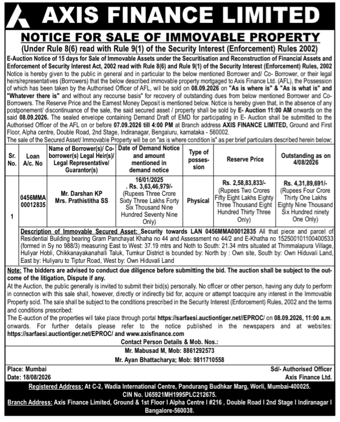 Sale Notice of Immovable Property by Axis Finance Limited