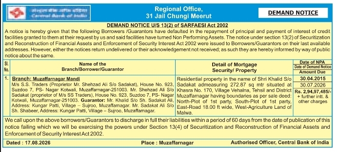 SARFAESI Act Demand Notice by Central Bank of India Meerut