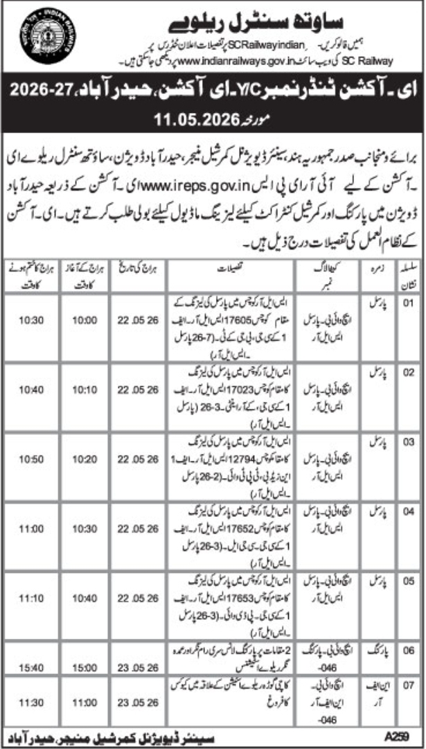South Central Railway e-Auction: Parcel & Parking Contracts