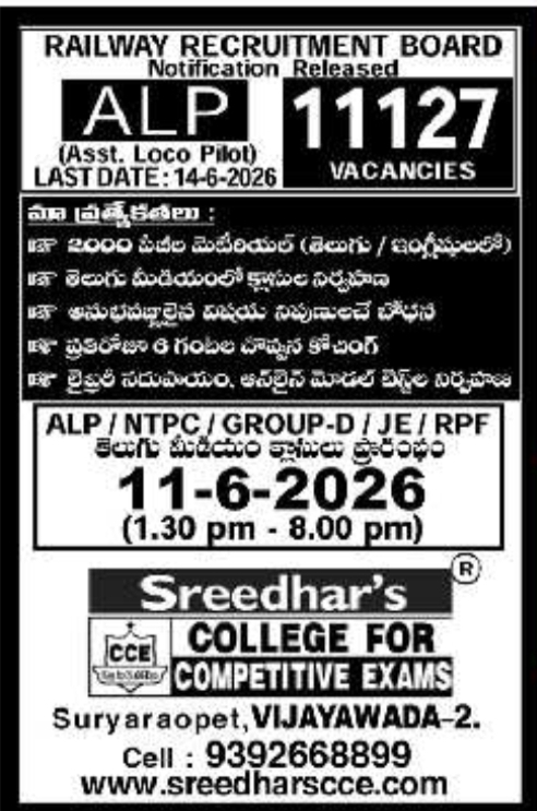 Sreedhar’s CCE RRB Coaching Batch Openings in Vijayawada