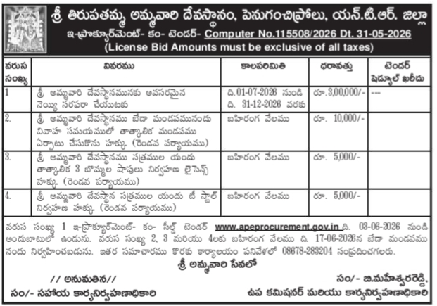 Sri Thirupathamma Ammavari Devasthanam Tender Notice in NTR District