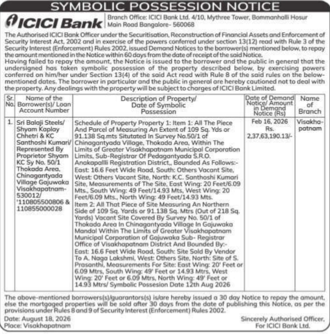 Symbolic Possession Notice for Immovable Properties by ICICI Bank