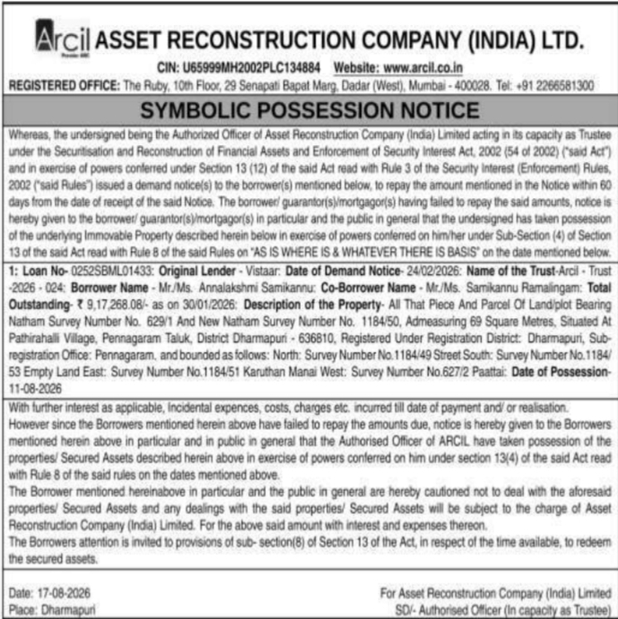 Symbolic Possession Notice for Immovable Property by Arcil