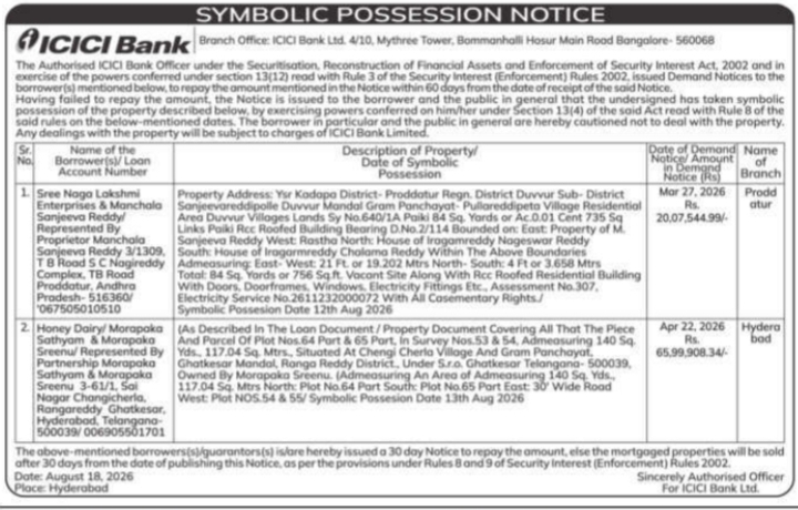 Symbolic Possession Notice for Immovable Property by ICICI Bank Limited