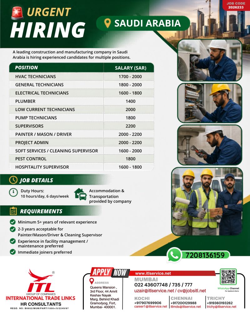 Urgent Hiring for Saudi Arabia