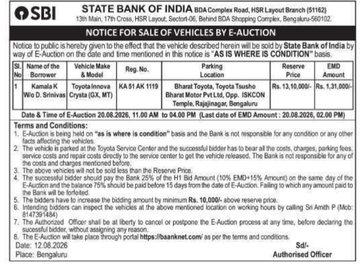 Vehicle Sale Notice by E-Auction by State Bank of India