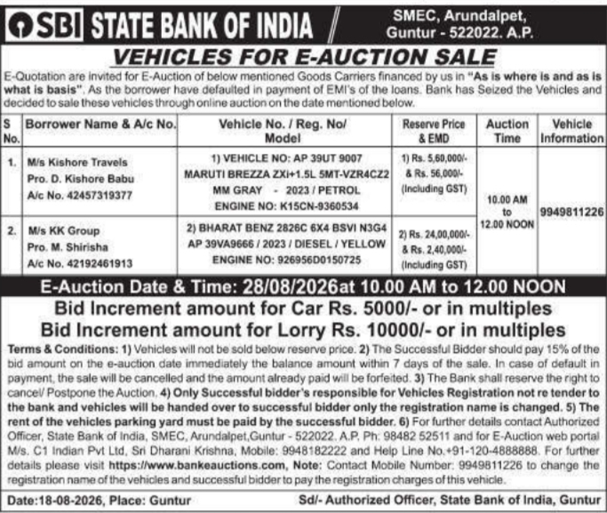 Vehicles for E-Auction Sale by State Bank of India